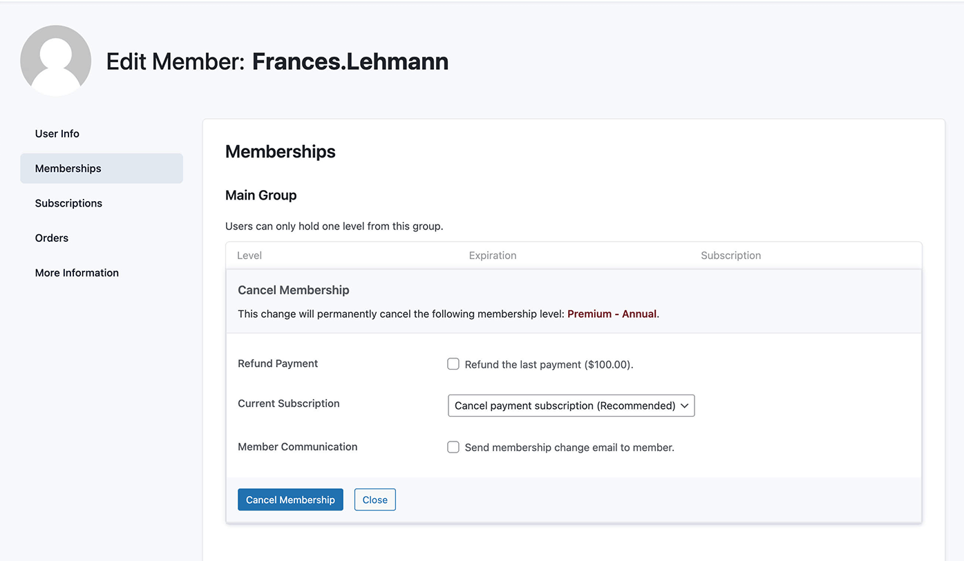PMPro Edit Member screen showing the Memberships panel with Cancel and Edit links and the refund options
