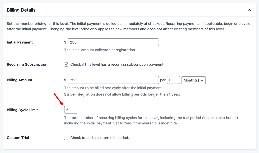 Edit Membership Level to set the Billing Limit for an Installment Plan