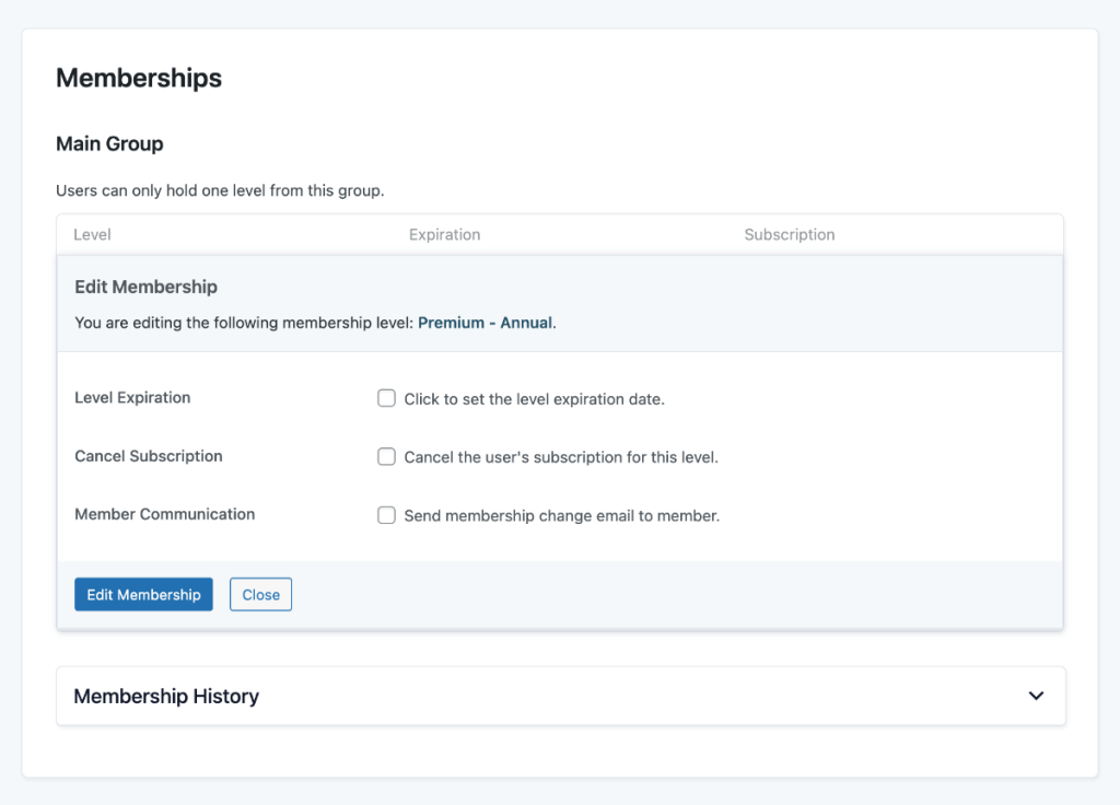 Edit Member screen > Edit a Single Membership to change, cancel, refund, or edit details