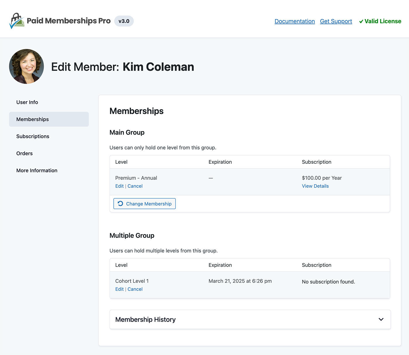 The Memberships panel of the new Edit Member screen in PMPro v3.0+