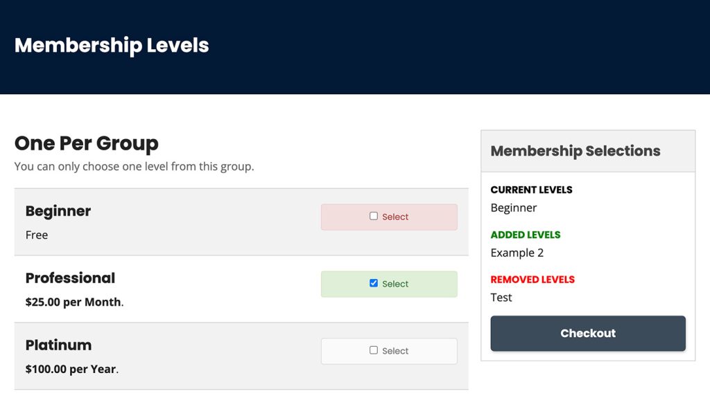 Legacy MMPU Levels Page with Multiple Selections