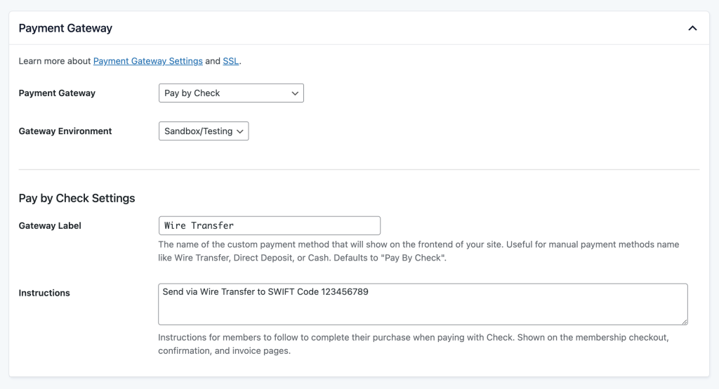 Screenshot of Payment Gateway settings in Membership > Settings > Payment Gateway in the WordPress Admin Area