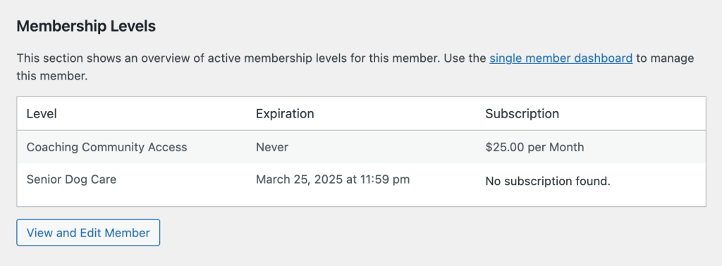 Screenshot of the Membership Levels section on the core WordPress Edit User screen 