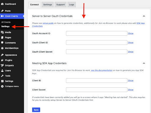 Screenshot of Video Conferencing with Zoom plugin Server to Server Oauth Credentials settings