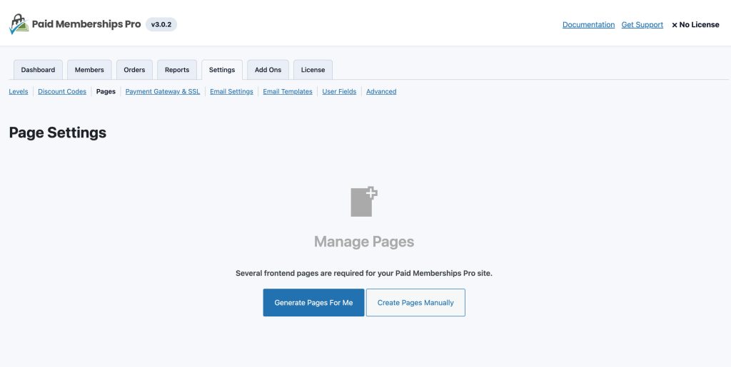 Screenshot of Generate Pages for Me option in Paid Memberships Pro > Settings > Pages