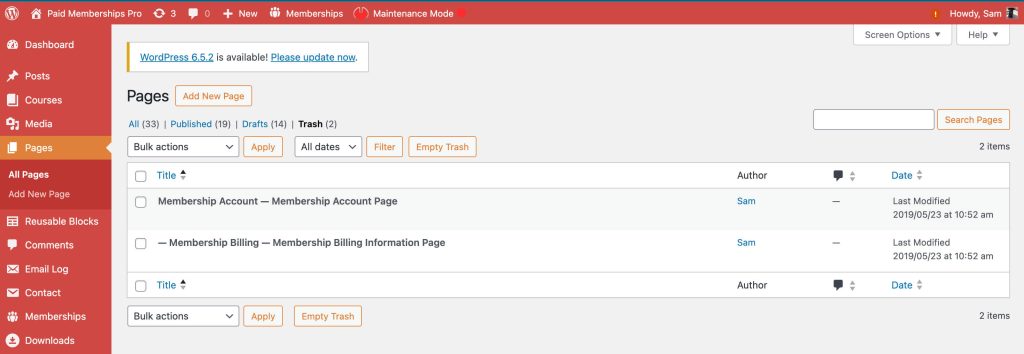 Screenshot of Paid Memberships Pro pages in Pages > Trash
