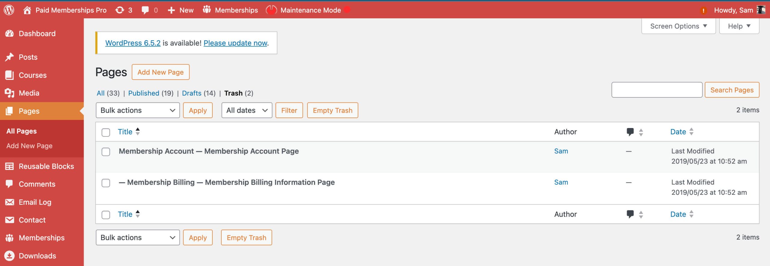 Screenshot of Paid Memberships Pro pages in Pages > Trash