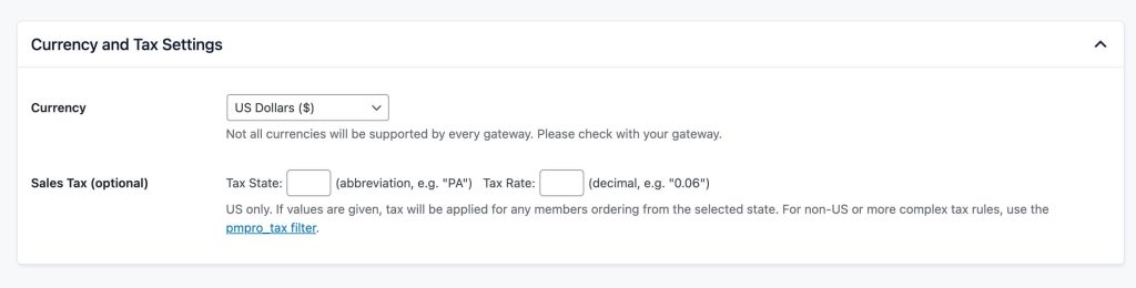 Screenshot of the Paid Memberships Pro Currency and Tax Settings for the United States in Payment Gateway settings