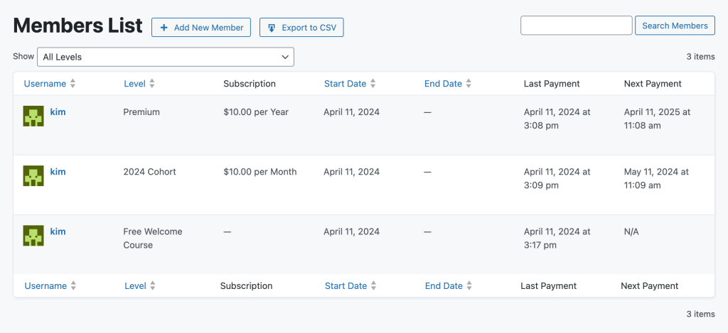 Screenshot of the Memberships > Members list with the active code recipe to show Last and Next Payment Date on this report and in the CSV download