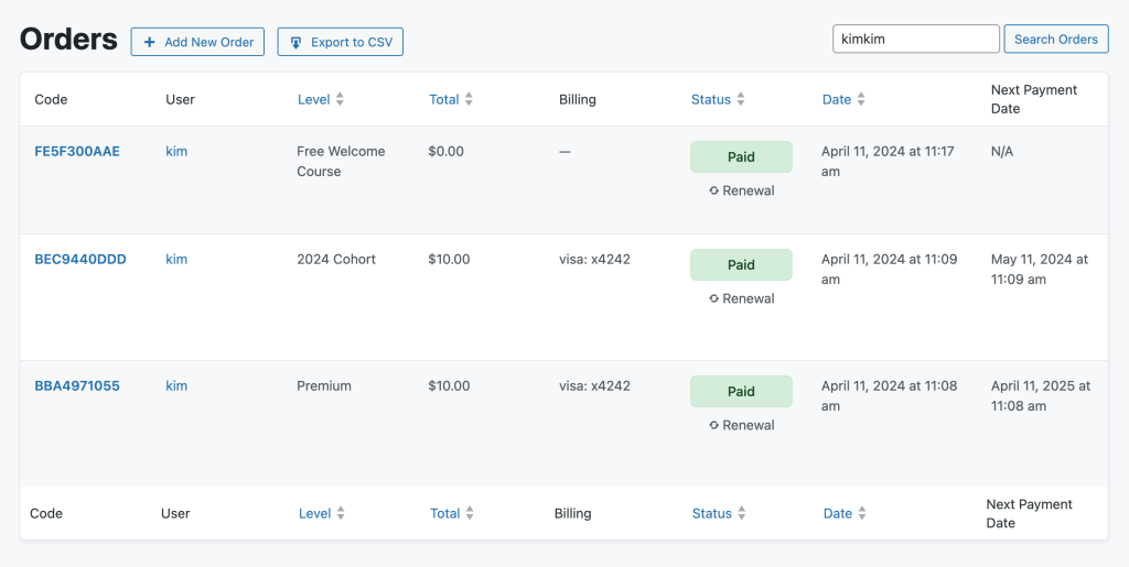 Screenshot of the Memberships > Orders list with the active code recipe to show Next Payment Date on this report and in the CSV download