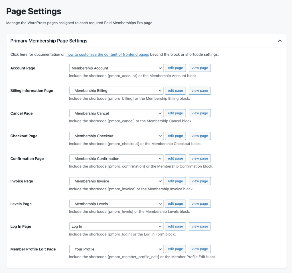 Screenshot of PMPro Page Settings in Paid Memberships Pro admin view Memberships > Settings > Pages