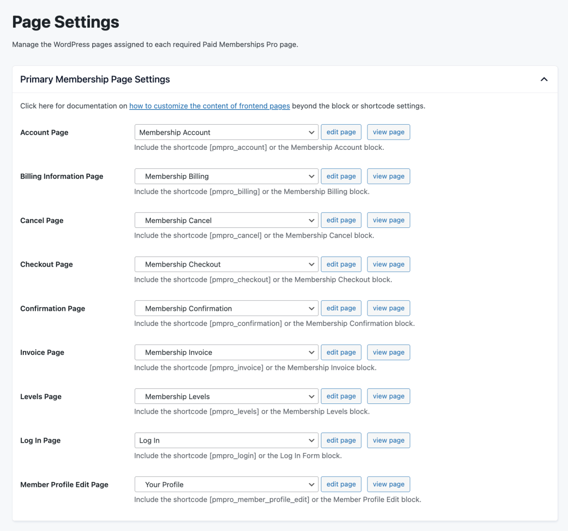 Documentation on the Admin Settings for Assigning Frontend Pages
