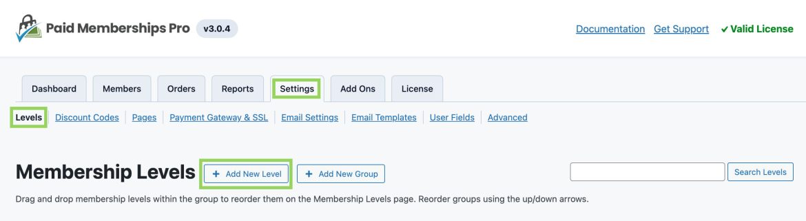 Documentation: Admin Settings Page for Membership Level Setup