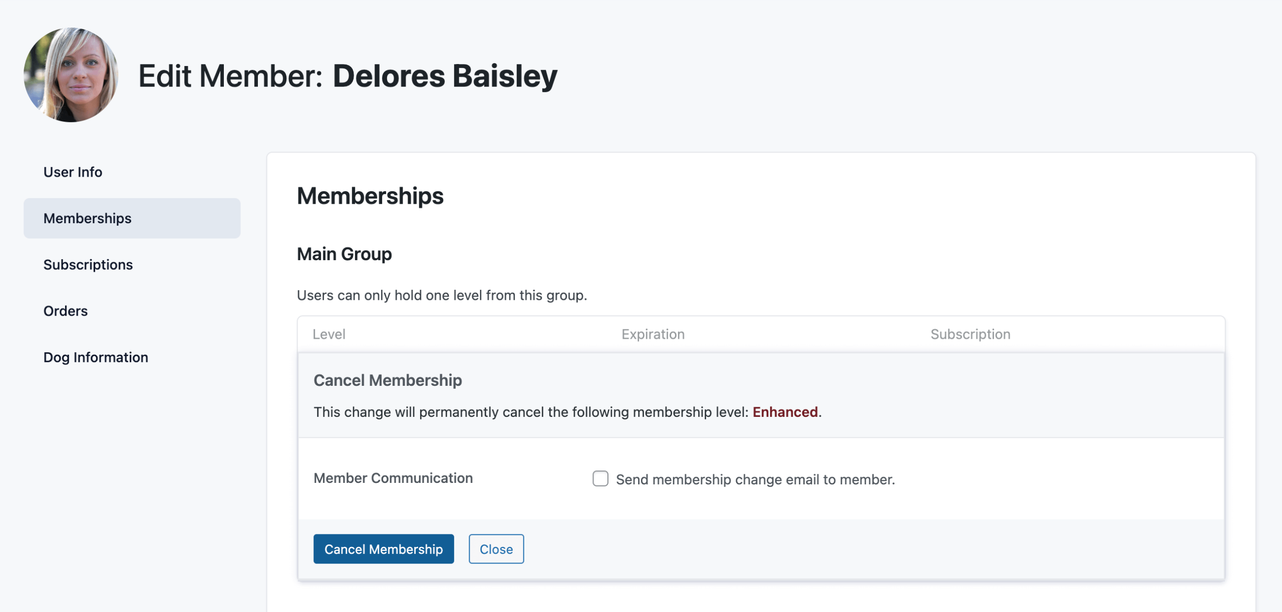 Screenshot of the Edit Member Membership Panel to cancel membership in PMPro