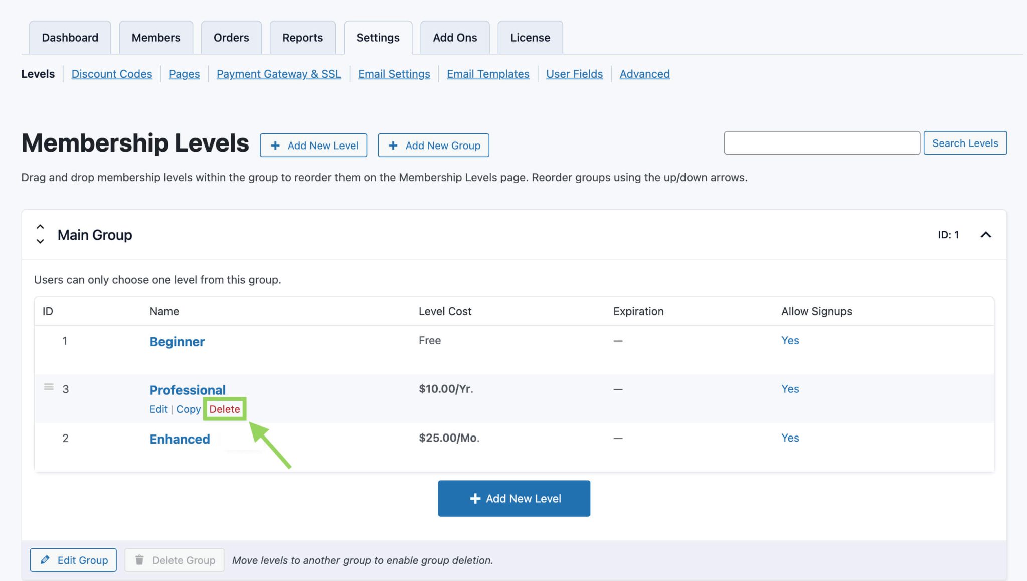 Delete a Membership Level with PMPro
