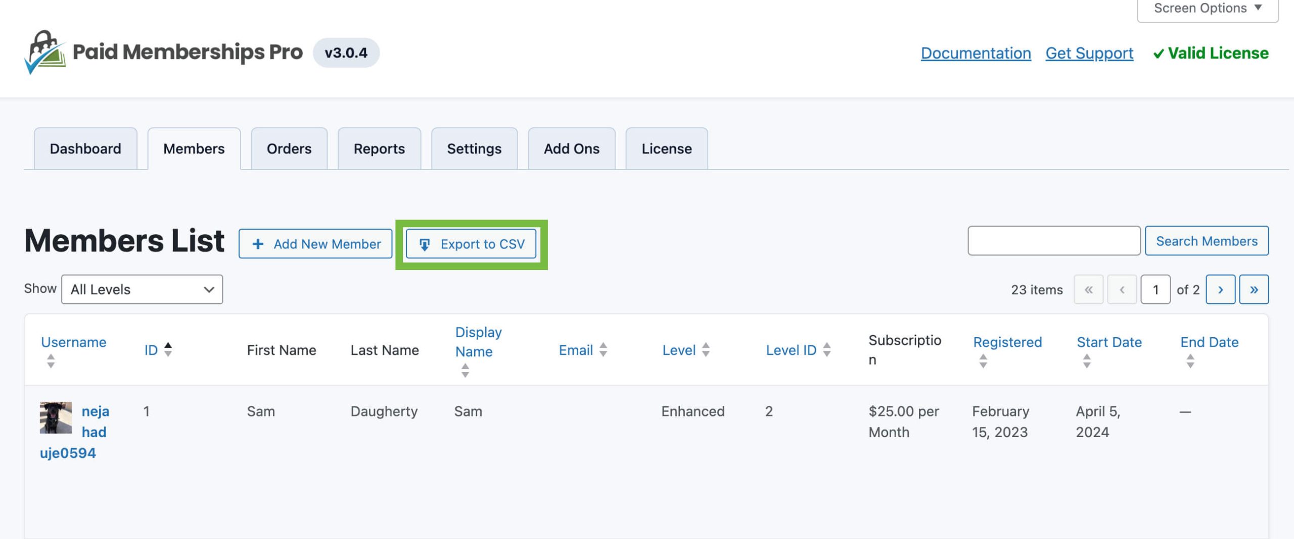Screenshot of Members List in Memberships on WordPress Admin highlighting Export to CSV button