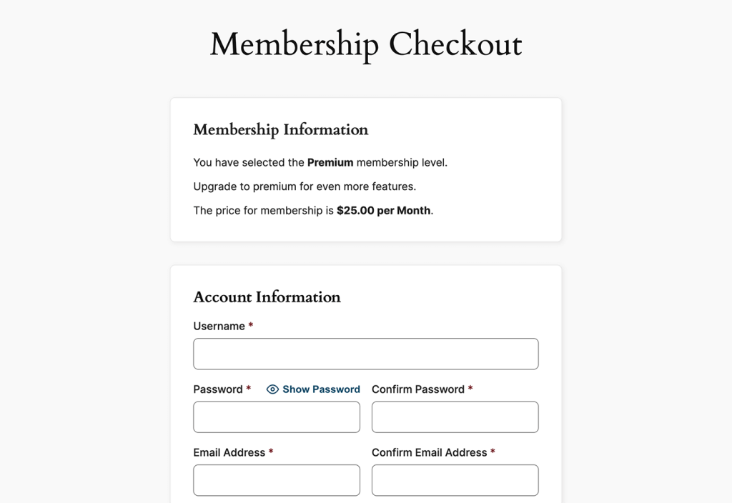 Screenshot of Membership Checkout