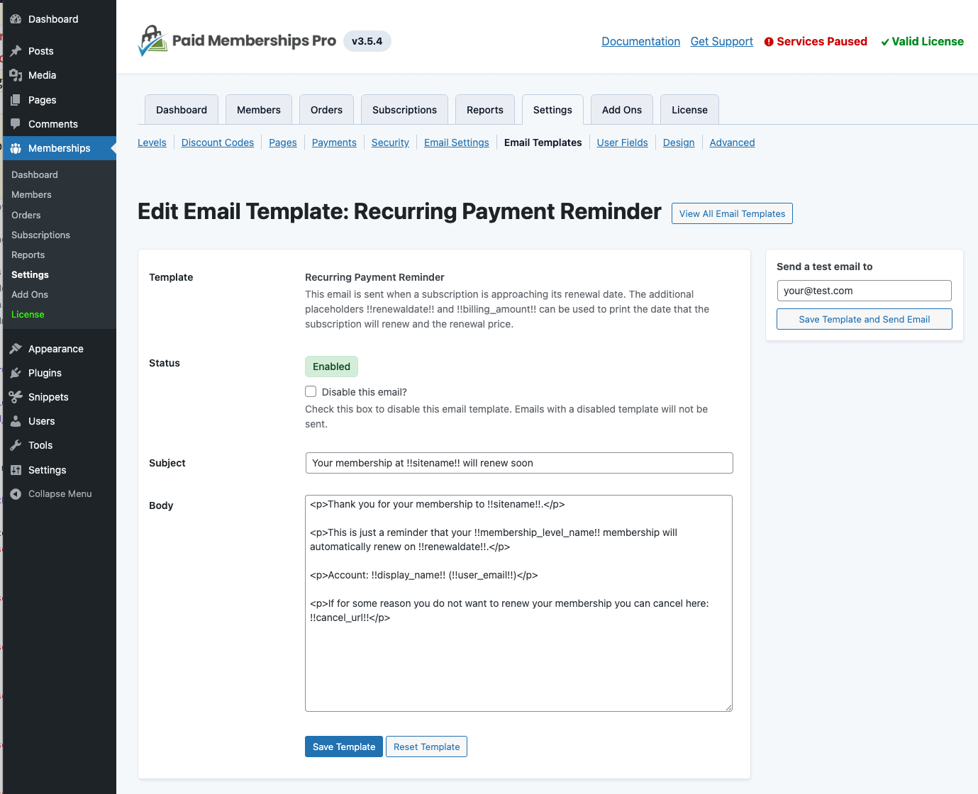 Screenshot of the Edit Email Template screen