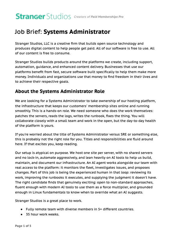 Screenshot of Systems Administrator / DevOps Engineer Job Brief