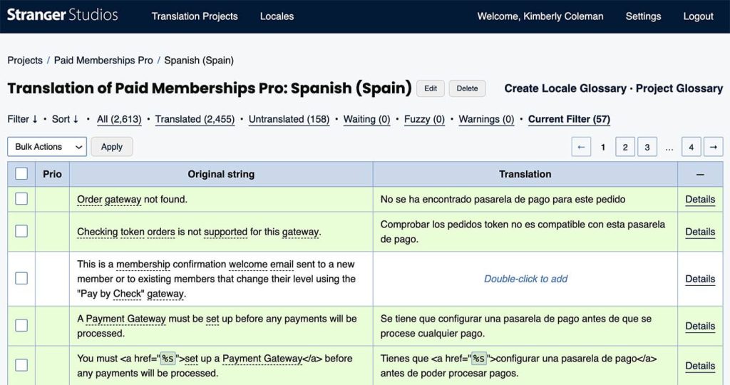 Translation interface showing translated and untranslated strings for Paid Memberships Pro in Spanish (Spain).