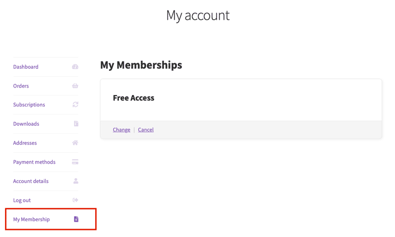 Screenshot of Membership tab in WooCommerce My Account page
