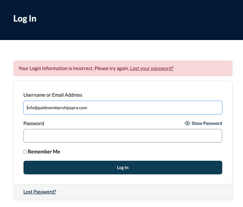 Screenshot of a customized login error message obscuring personal details
