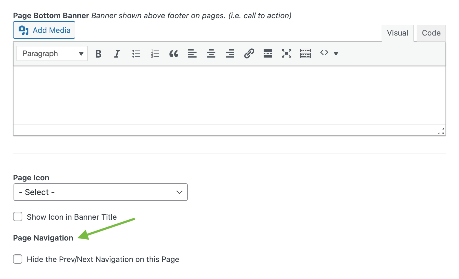 Screenshot of the Page Navigation setting for single pages in the Memberlite Options metabox