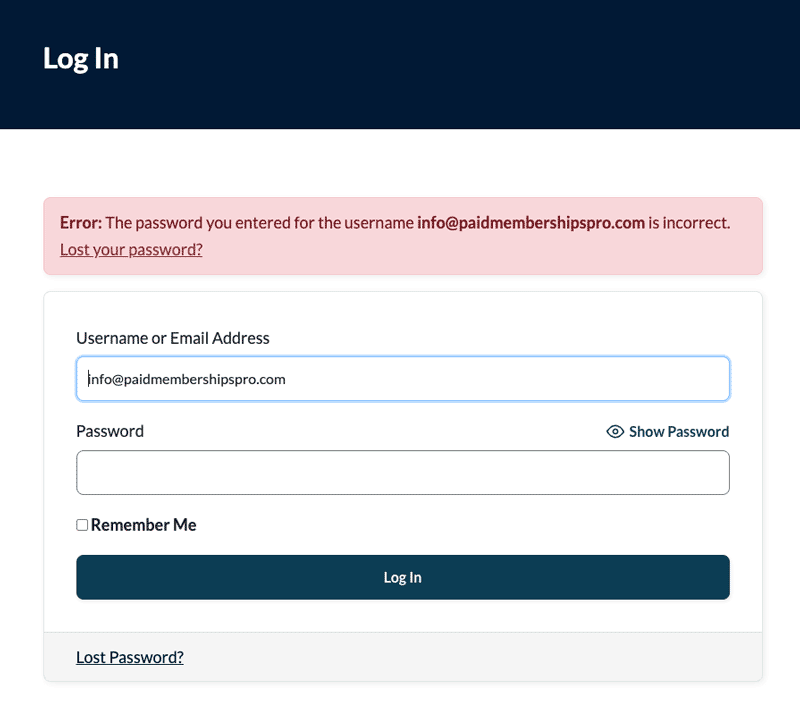 Screenshot of a login error message revealing email/username