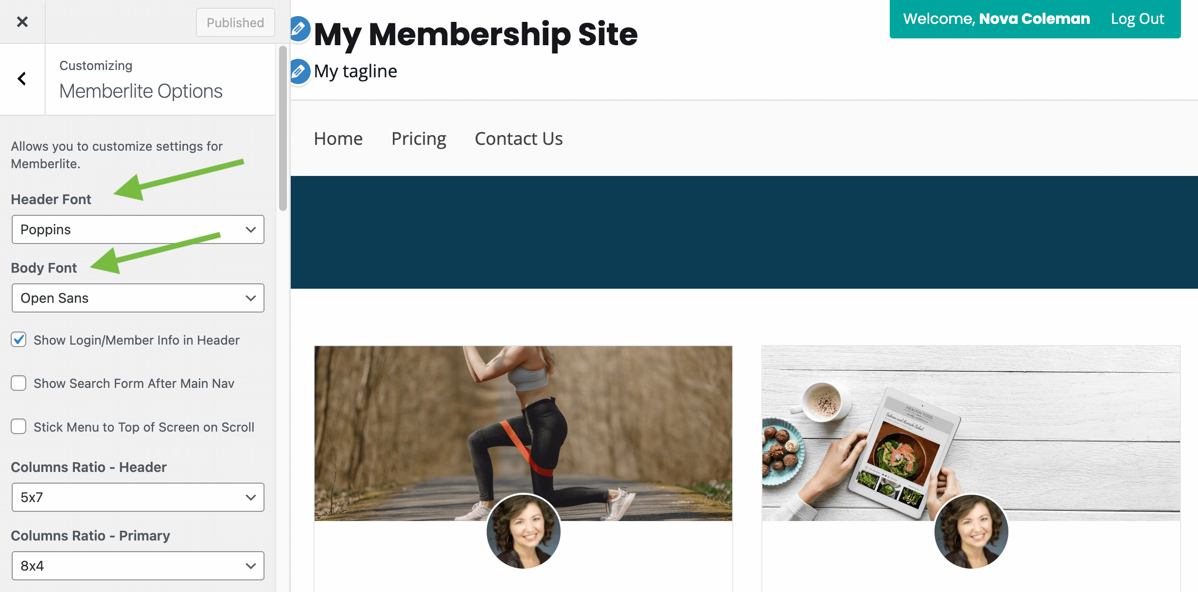 Screenshot of the Memberlite Customizer with Header and Body Font Settings in version 6.0+