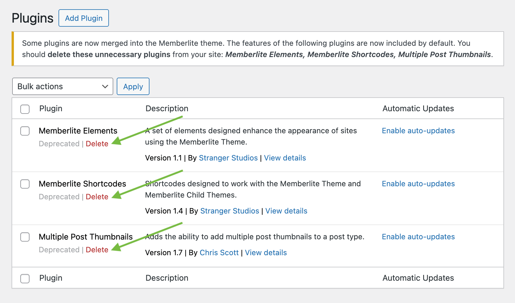 Screenshot of the Plugins > Installed screen with the three plugins you should delete for Memberlite v6.0