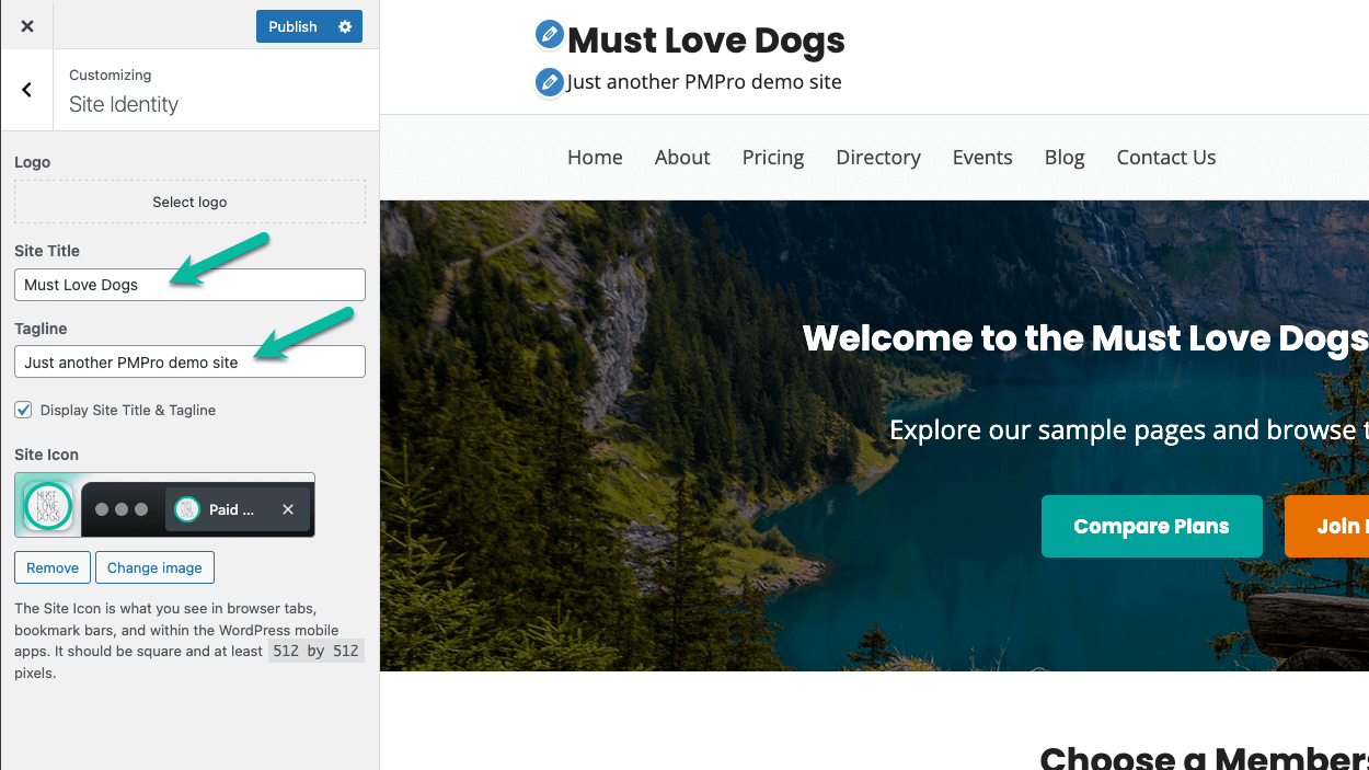 Screenshot showing how to update site title and tagline in Memberlite