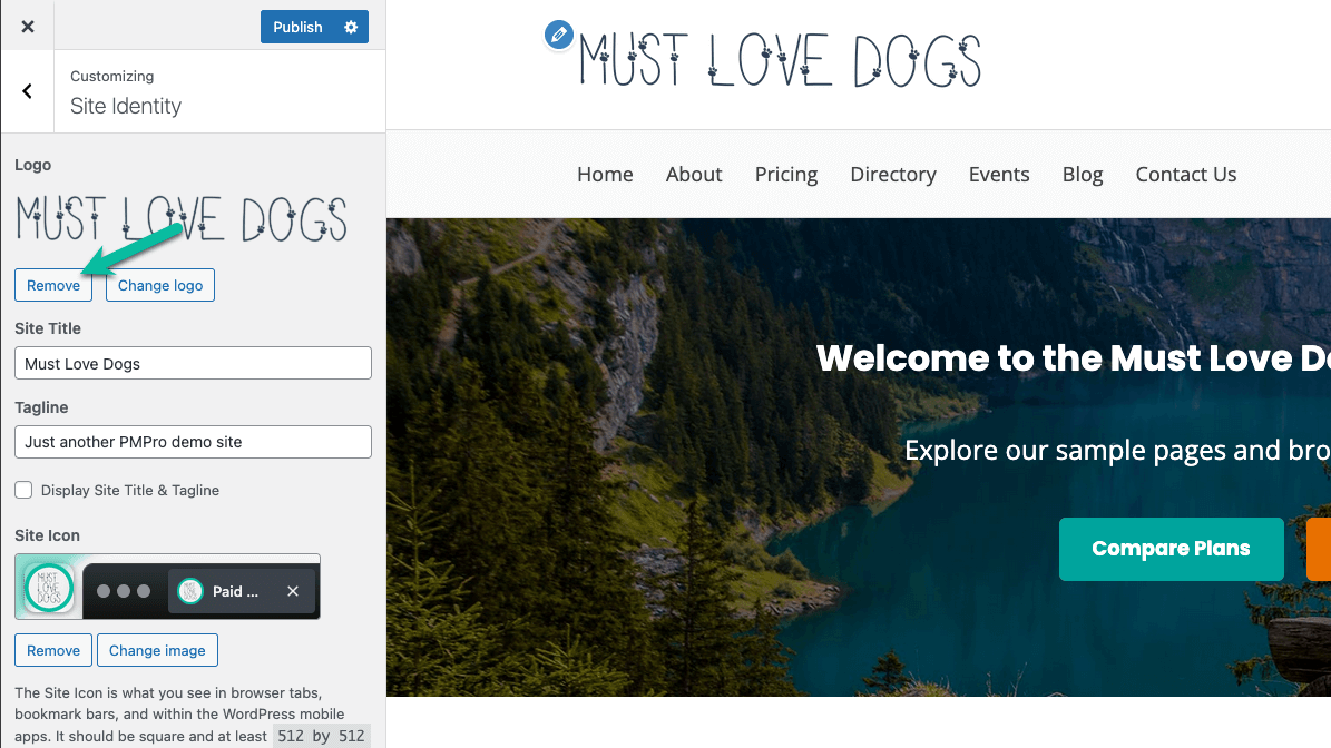 Screenshot showing how to remove your logo in Memberlite