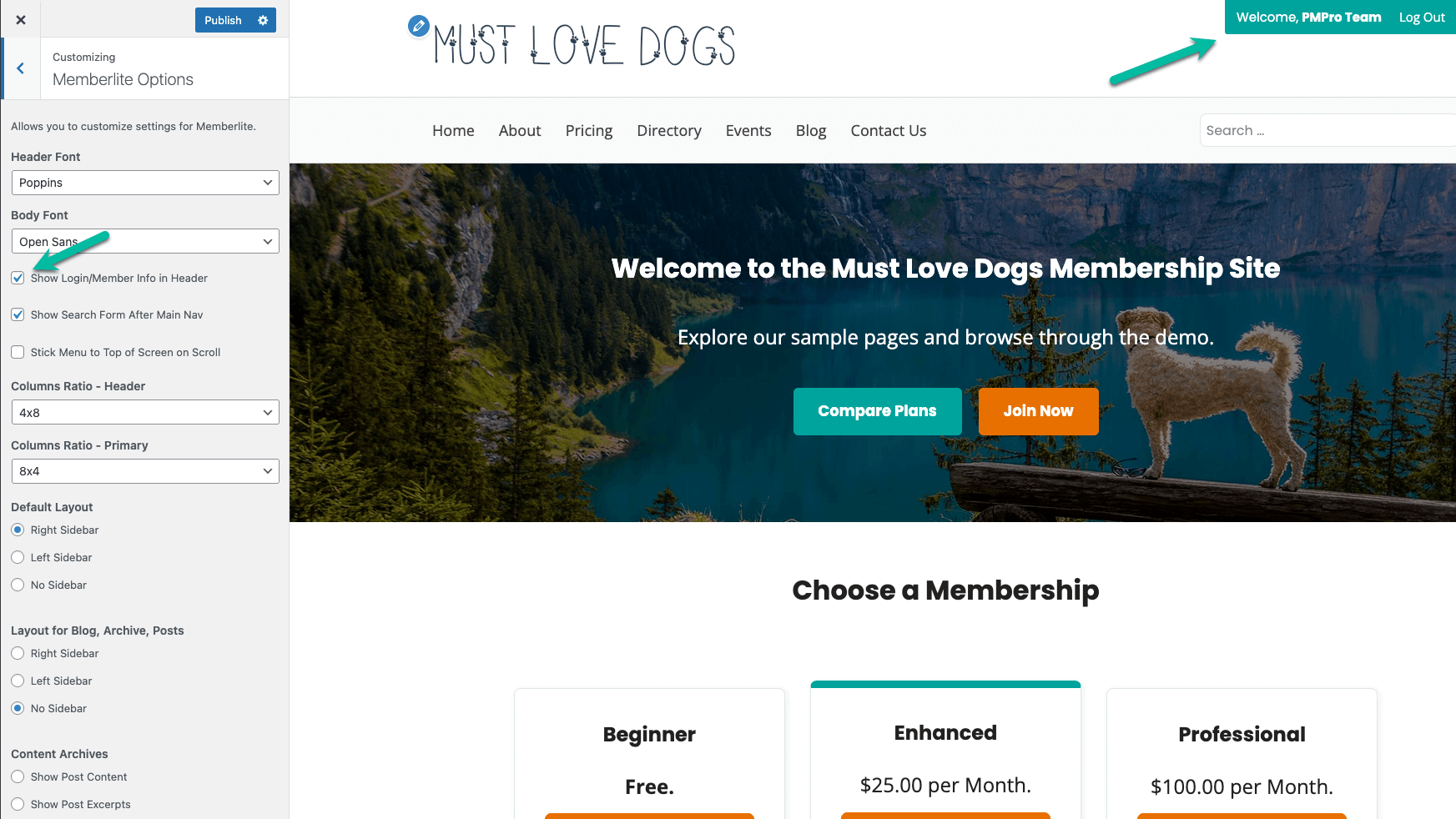 Screenshot demonstrating how to hide or show the Member Menu in Memberlite