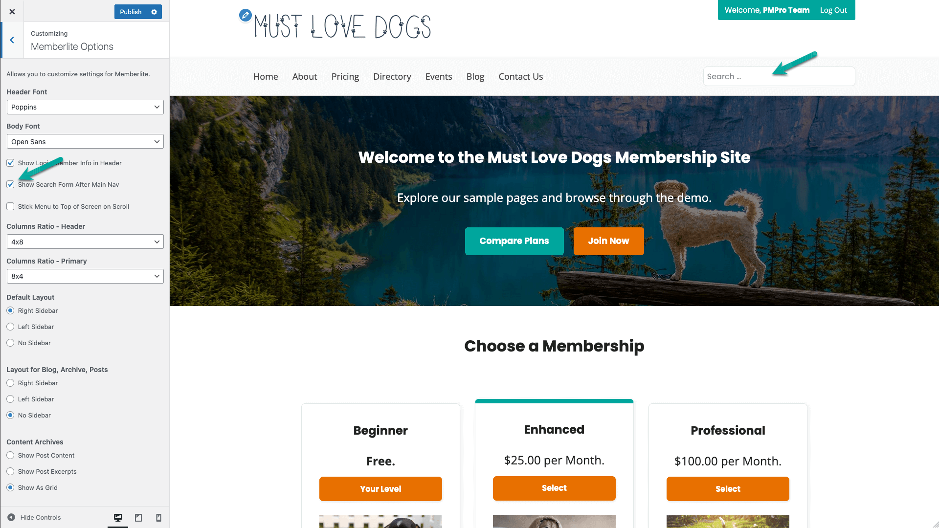 Screenshot demonstrating how to show the search form after main nav in Memberlite