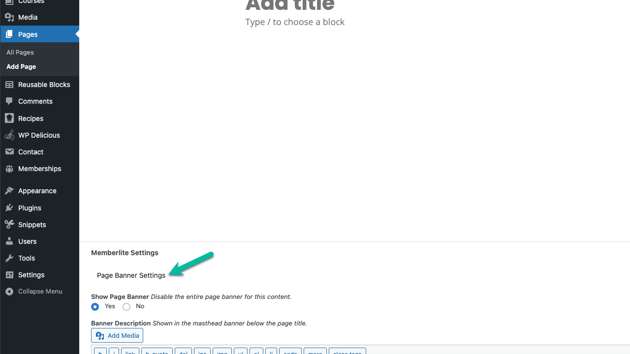 Screenshot showing Memberlite settings for Page Mastheads and Banners