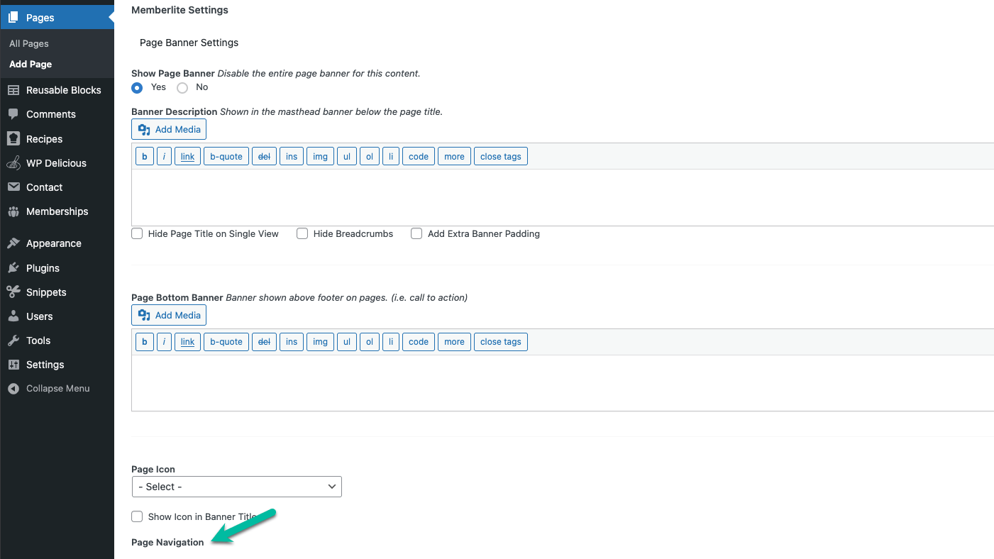 Screenshot showing Page Navigations settings in Memberlite