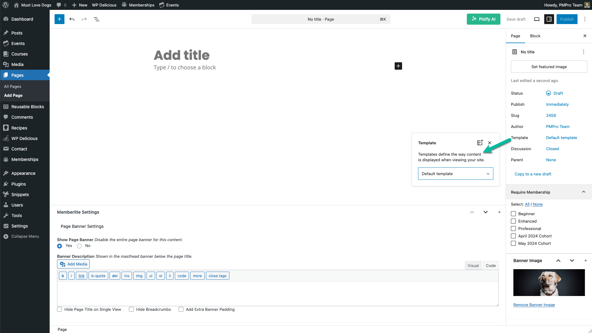Screenshot showing how to set a page template for Memberlite