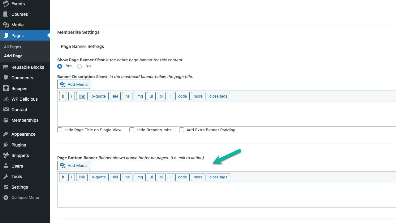 Screenshot showing how to add a page bottom banner in Memberlite