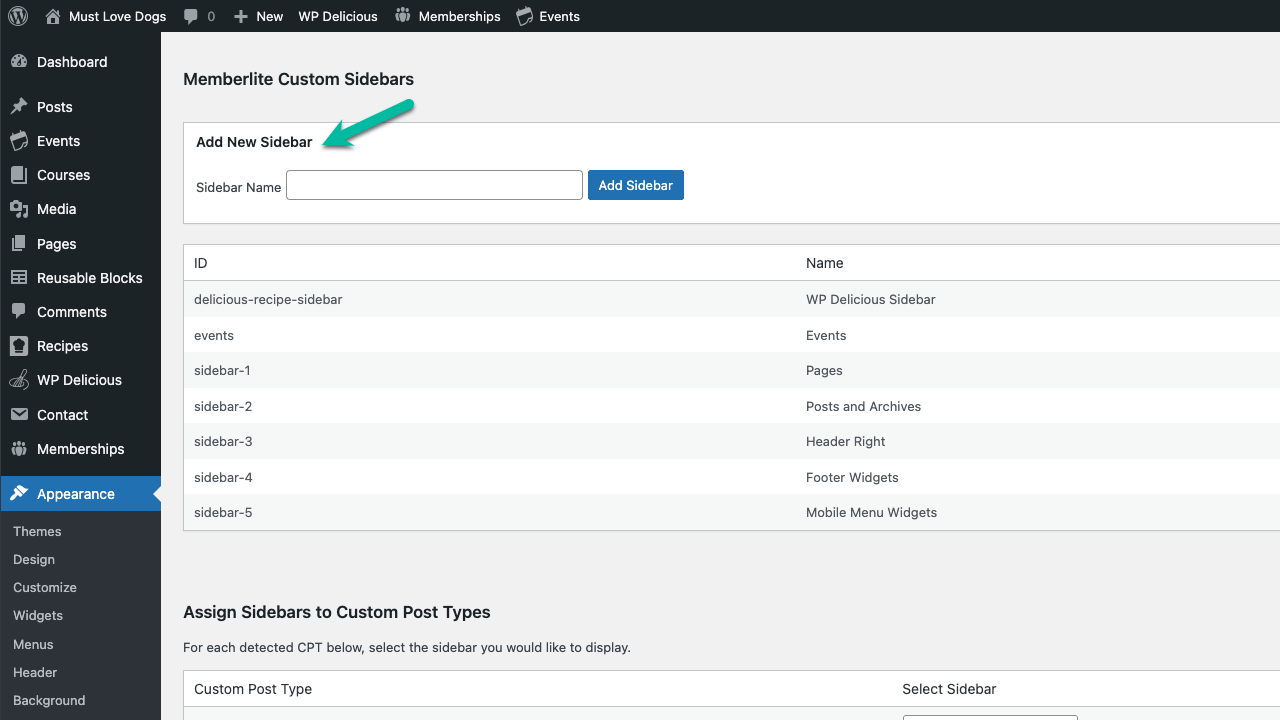 Screenshot showing how to add a new custom sidebar in Memberlite