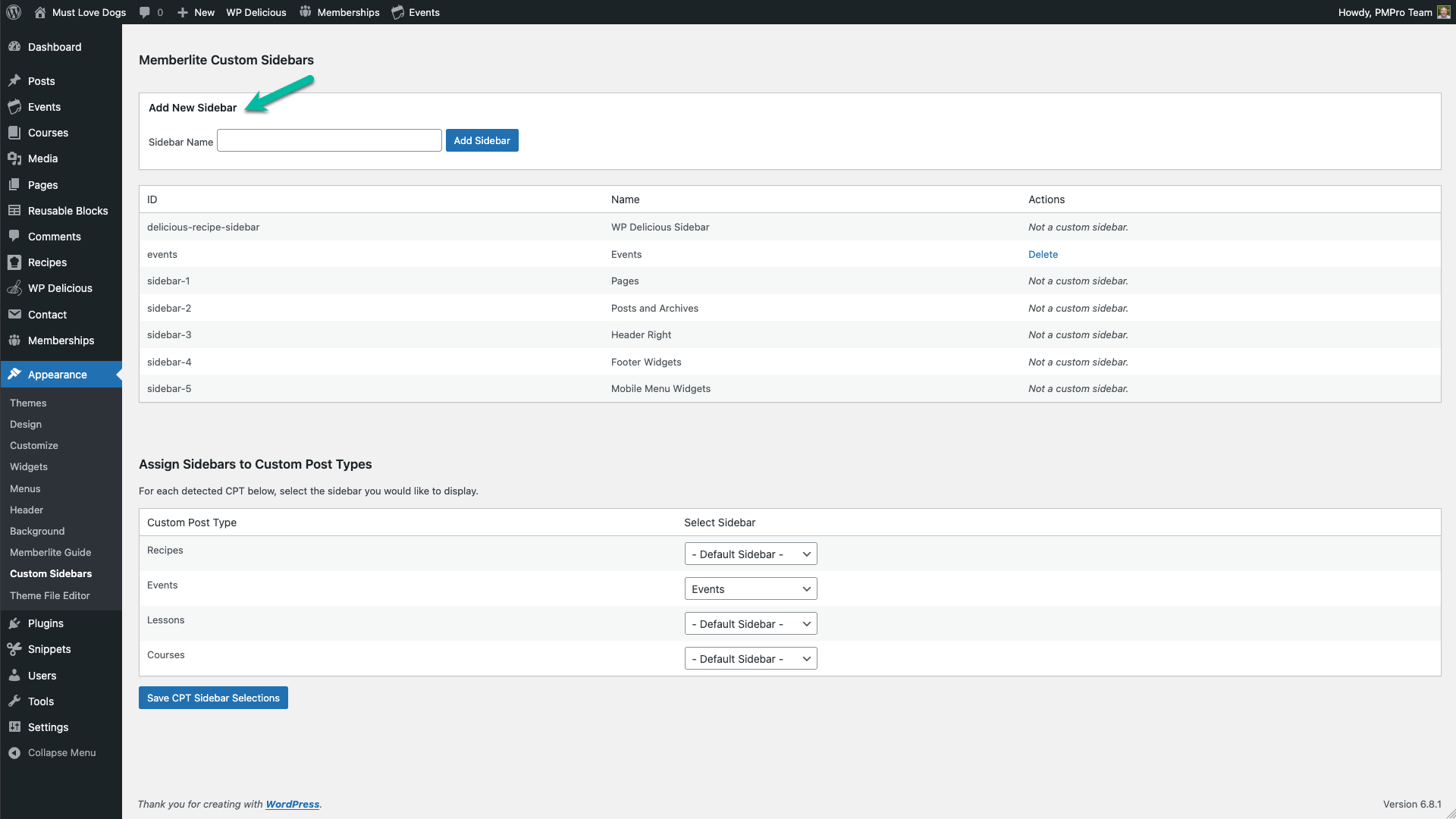Screenshot showing how to add a new custom sidebar in Memberlite