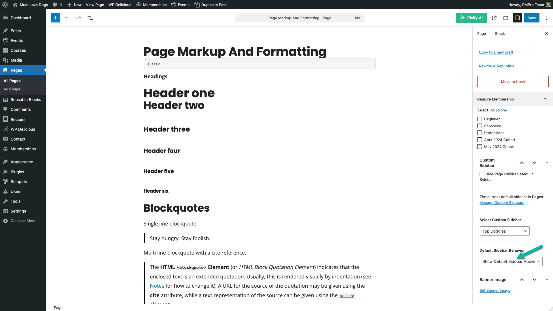 Screenshot showing Memberlite sidebar settings