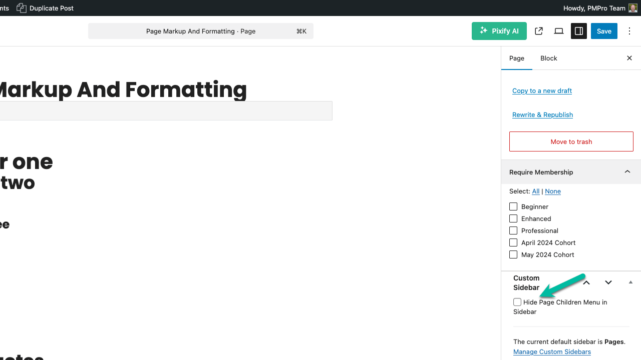Screenshot of Memberlite pages submenu settings