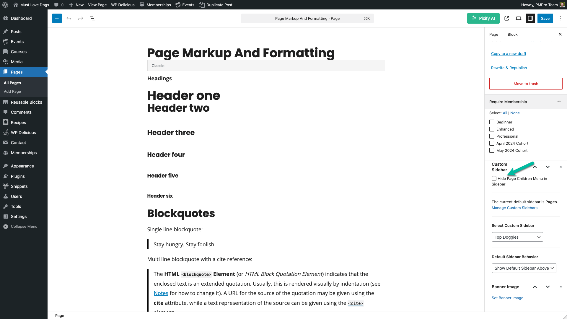 Screenshot of Memberlite pages submenu settings