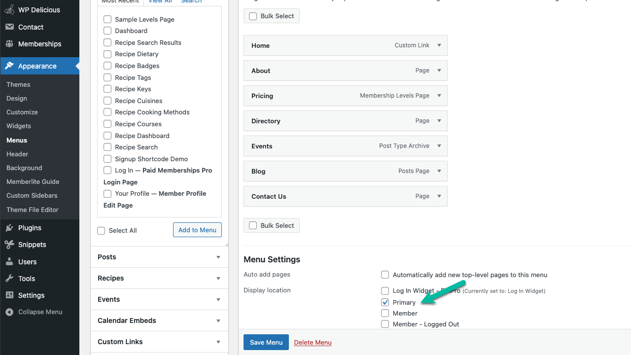 Screenshot showing how to create and assign menus in Memberlite