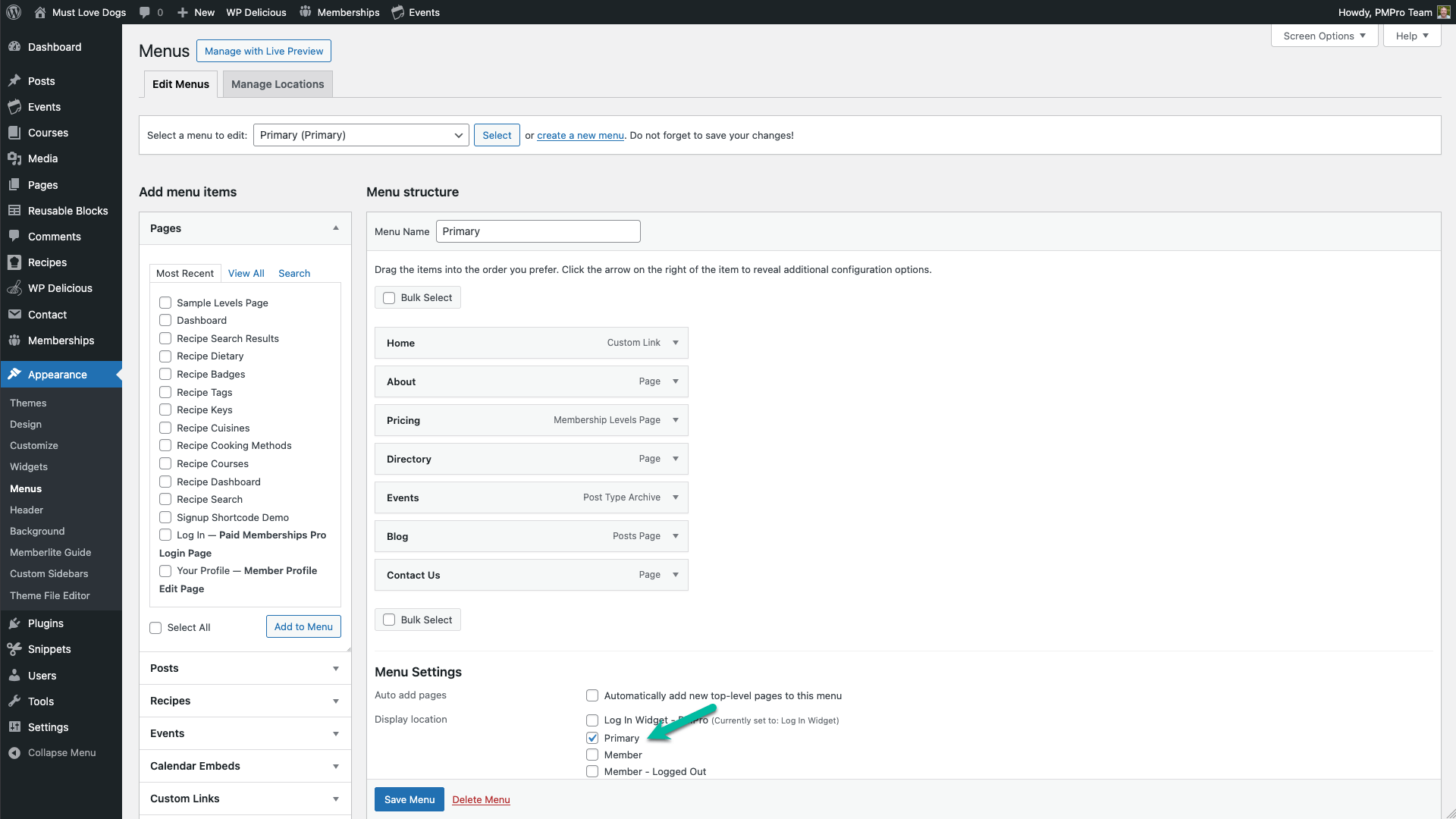 Screenshot showing how to create and assign menus in Memberlite
