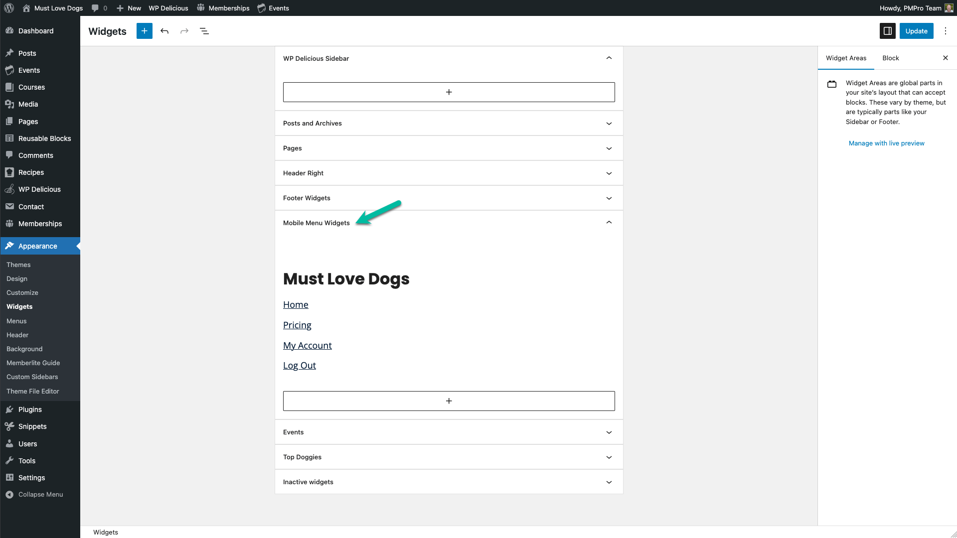 Screenshot showing settings area for mobile menus in Memberlite