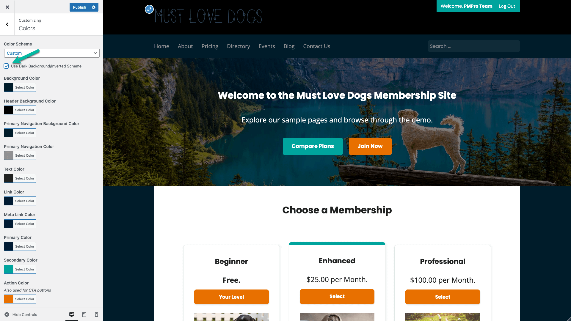 Screenshot showing how to turn dark backgrounds on in Memberlite