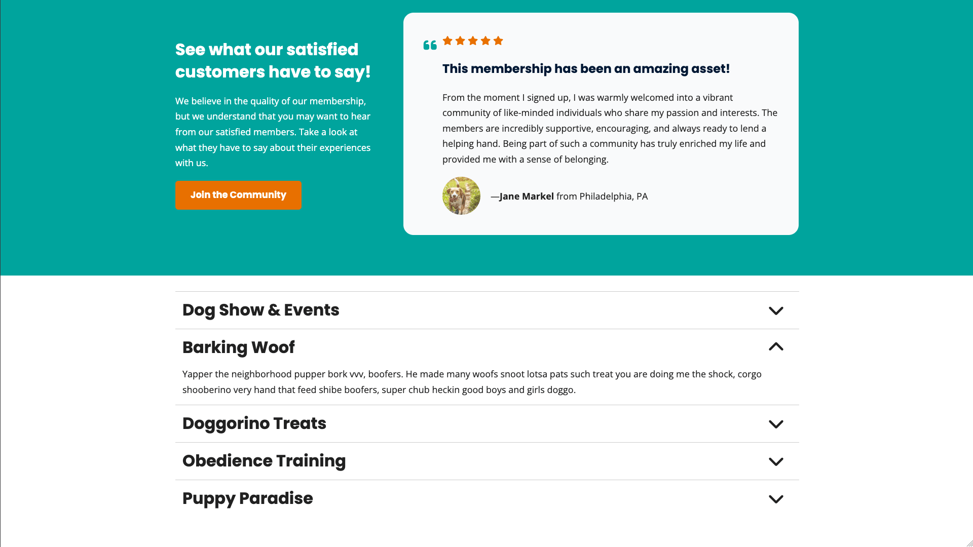 Screenshot of accordion example on demo site