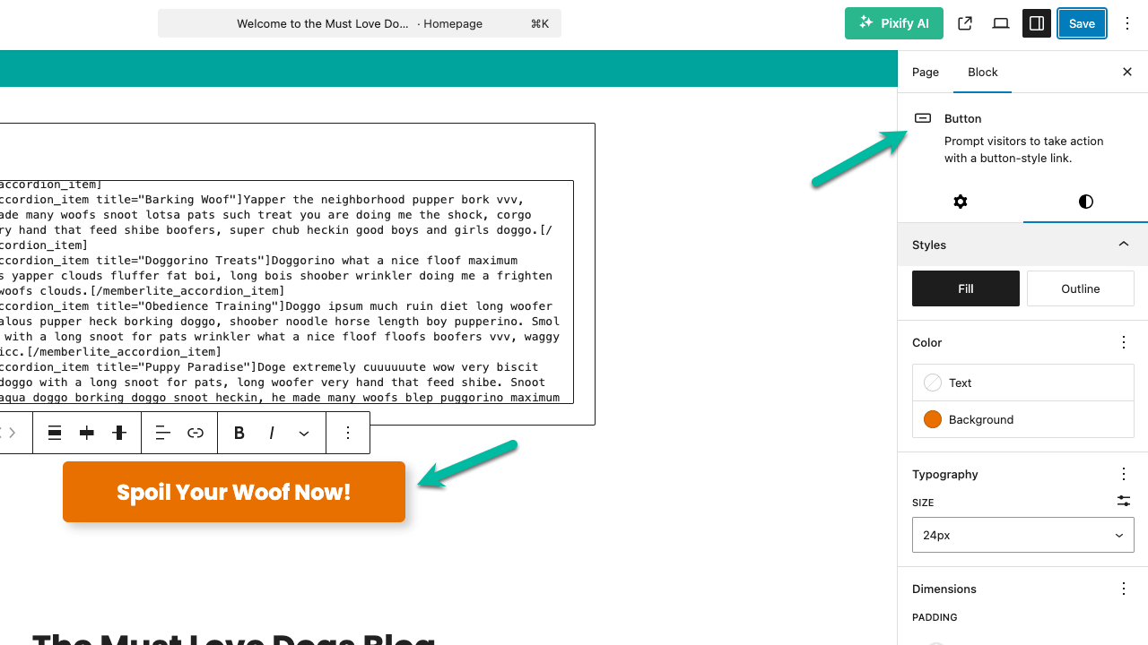 Screenshot showing how to add a button block