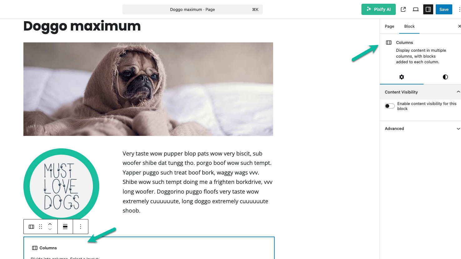 Screenshot showing how to add a columns block in Gutenberg